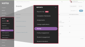 Educator account in Xello with the left menu highlighted. The Reports menu is open and the cursor is clicking Events.